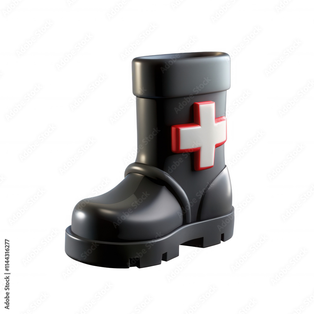 Aufkleber this image features a stylized black boot with a red cross emblem, designed in a 3d model format, em