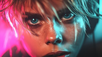 A detailed close-up image depicting intense blue eyes and freckled skin illuminated by neon lights, creating a futuristic, electrifying atmosphere and vivid contrast.