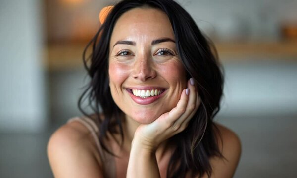 Cute brunette middle aged woman in her 50s smiling joyfully after spa procedures with healthy white toothy smile and good skincare