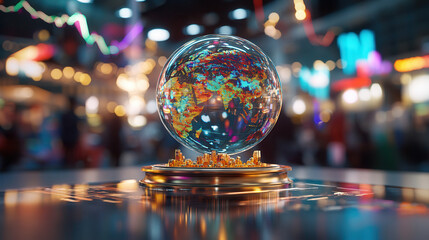 crystal globe showcasing colorful world map, symbolizing global trends and connections, with vibrant background
