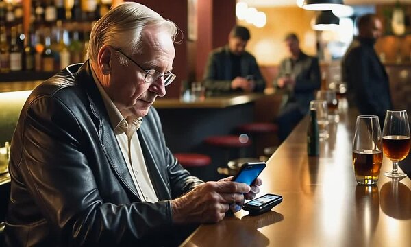 Senior retired man sitting at a bar counter with alcoholic drinks typing on his smartphone and pager in front of him