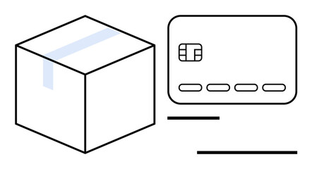 Package with shipping tape next to credit card. Ideal for e-commerce, delivery services, online payments, logistics, contactless transactions, shipping solutions, and digital economy. Line metaphor