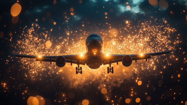 Avi&oacute;n despegando anocheciendo cielo nublado, luces encendidas, tras de si deja una estela similar a fuegos artificiales, chispas brillantes destellos naranja dorados, Viaje fin de a&ntilde;o, un futuro mejor
