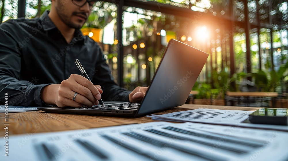 Poster teen calculating fafsa inputs based on irs refund figures on a personal laptop stock photo with side