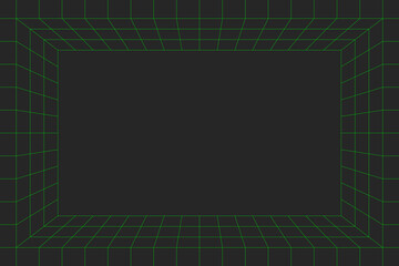 Simple green grid lines are isolated on a dark background. Abstract stage background with editable stroke. Futuristic or retro style concept for presentation, poster, or card. Vector illustration