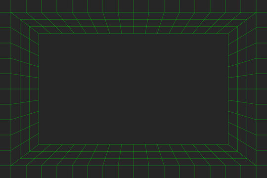 Simple green grid lines are isolated on a dark background. Abstract stage background with editable stroke. Futuristic or retro style concept for presentation, poster, or card. Vector illustration