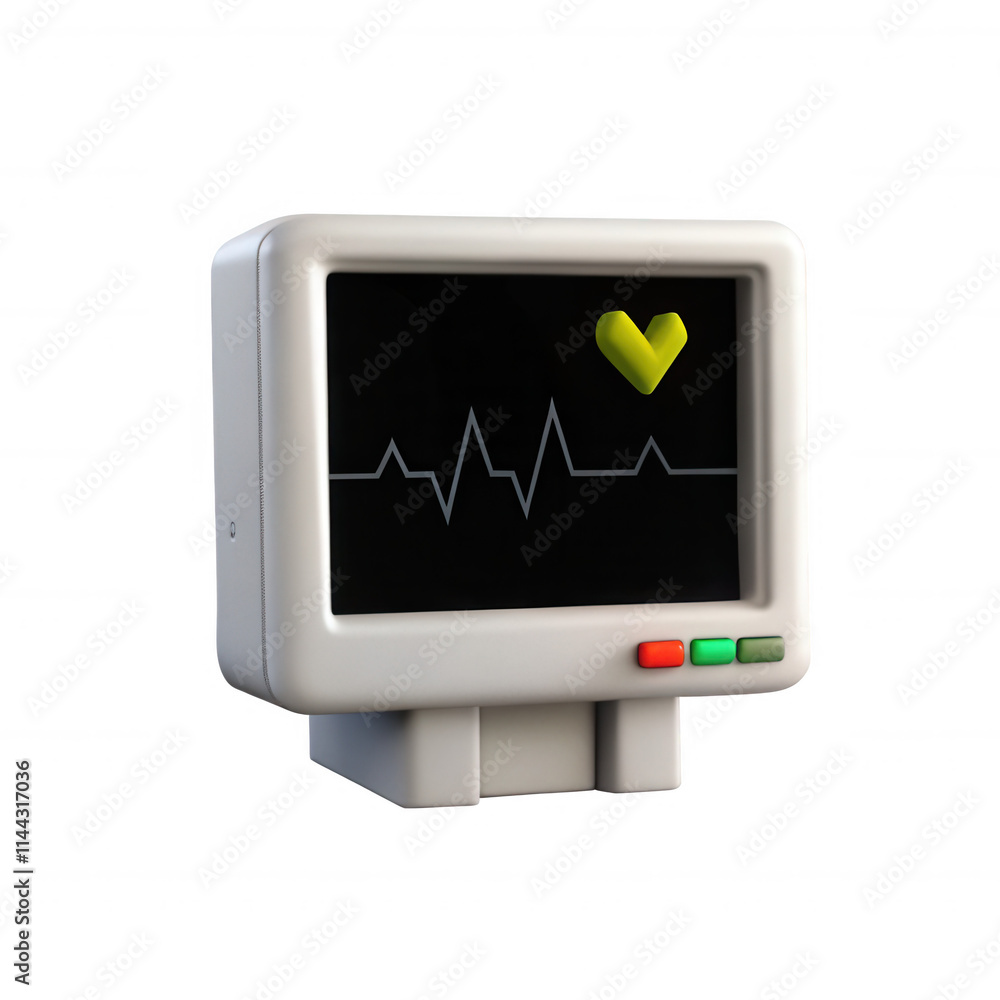 Poster a 3d rendering of a heart monitor displaying a heartbeat line and a green heart symbol, showcasing m