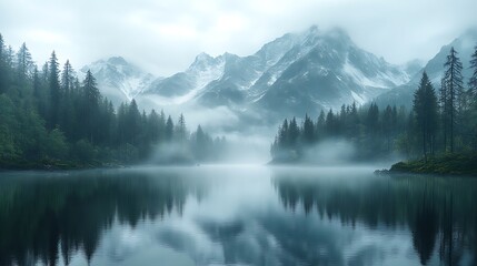 A beautifully detailed depiction of a serene mountain lake at dawn, animated mist rising gently from the water's surface and blending with the sky ::2 animated mist, tranquil reflection, alpine 