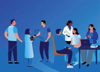 Create a vibrant vector illustration of a health screening event, showcasing diverse people undergoing checkups. Include medical professionals and various screening equipment.