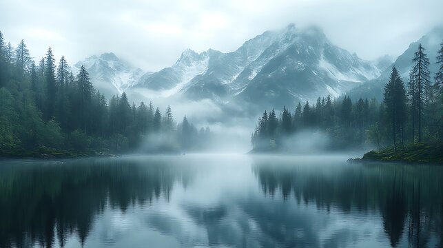 A beautifully detailed depiction of a serene mountain lake at dawn, animated mist rising gently from the water's surface and blending with the sky ::2 animated mist, tranquil reflection, alpine 