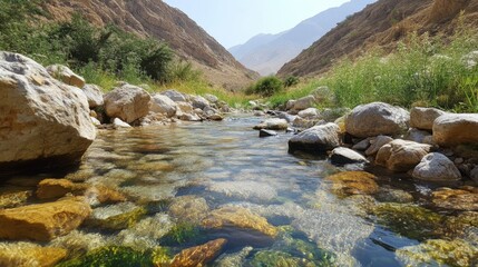 Naklejka premium Crystal Clear Mountain Stream Through Rocky Landscape