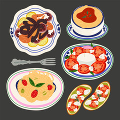 Traditional Italian cuisine. Cute vector retro stickers of traditional products and dishes, bolognese pasta, caprese, seafood risotto, ravioli, tomato and mozzarella toast. Italian food set