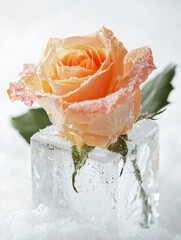Elegant Rose Encased in Ice with Delicate Frost on Petals, Perfect for Winter Themed Decor and Christmas Celebrations, Highlighting Beauty in Cold Conditions
