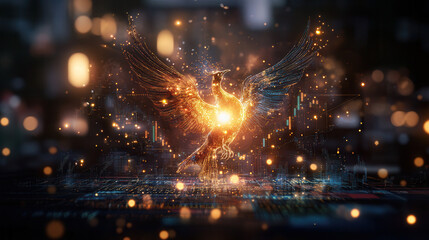 Fototapeta premium golden phoenix rising from stock market graph symbolizes rebirth and prosperity. Its radiant glow inspires hope and resilience in finance
