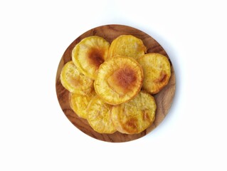 Goreng ubi or sweet potato fried on plate isolated on white background 