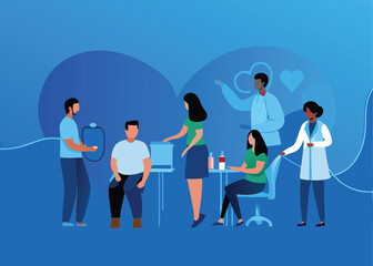 Create a vibrant vector illustration of a health screening event, featuring diverse people undergoing checkups, medical professionals, and informative signage.