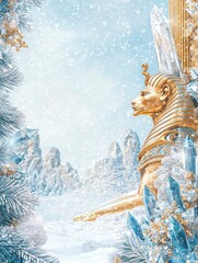 Enchanted Winter Landscape Featuring a Majestic Sphinx Surrounded by Crystal Ice Formations and Snow-Covered Trees in a Magical Christmas Scene
