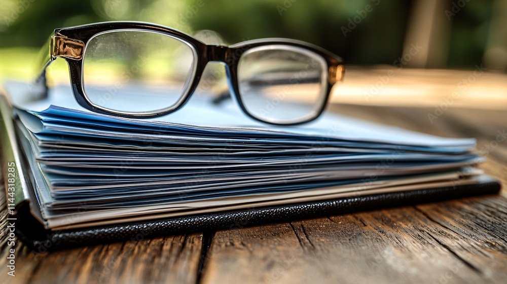 Poster parent organizing tax documents in a folder for smooth fafsa application processing stock photo with