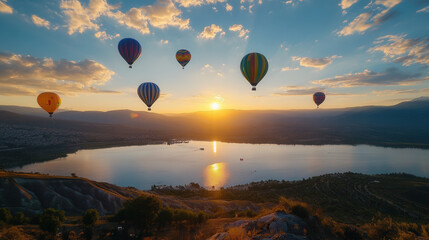 Naklejka premium serene view of colorful hot air balloons floating over tranquil lake at sunset, creating picturesque landscape