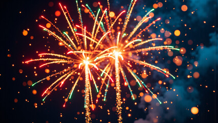 Obraz premium Happy New Year celebration with colorful fireworks at night