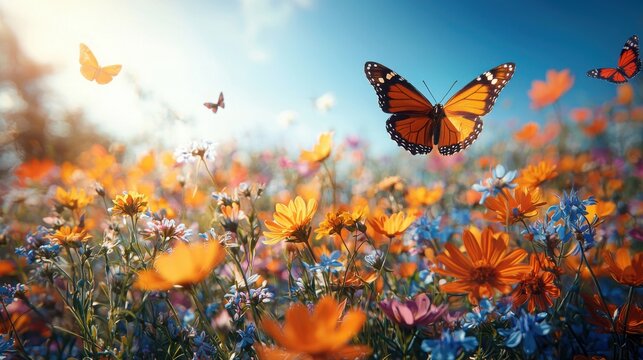A vibrant scene featuring colorful butterflies fluttering over a blooming flower field filled with orange and blue blossoms under a clear sky.