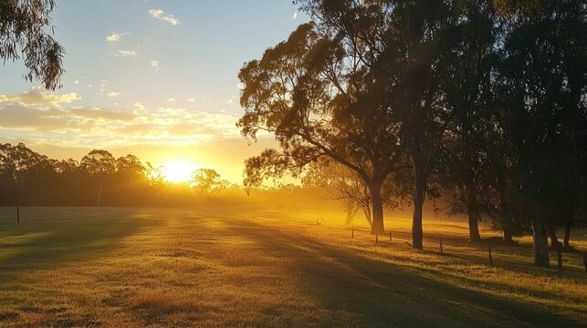 Soft golden light streaming through the trees at sunrise