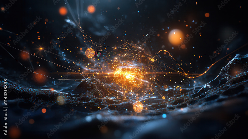Poster mesmerizing abstract carbon structure with glowing circles and vibrant energy. intricate details cre