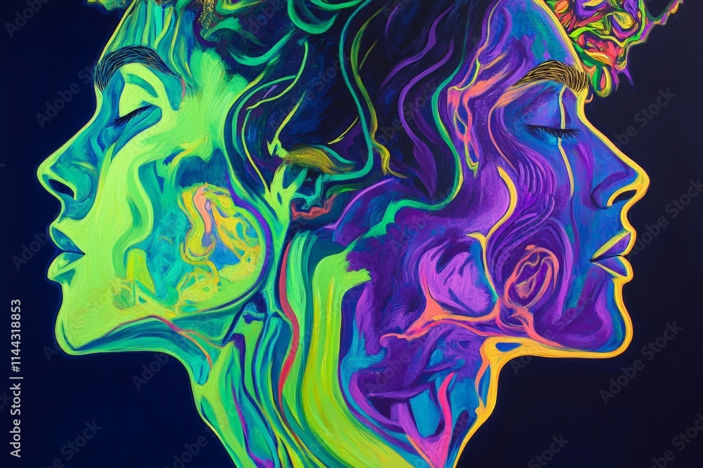 Poster abstract neon artwork of two faces in profile, vibrant colors and fluid patterns, exploring identity