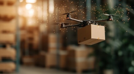 A delivery drone zooms through an industrial warehouse, with a package in tow, capturing the blend of technology and efficiency in modern logistics solutions.