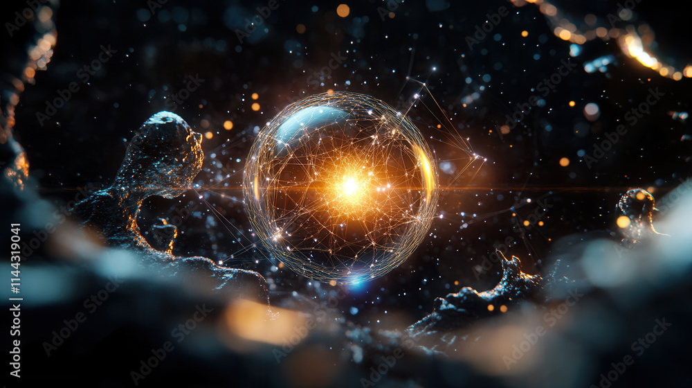 Poster glowing sphere surrounded by abstract structures and particles, creating cosmic atmosphere