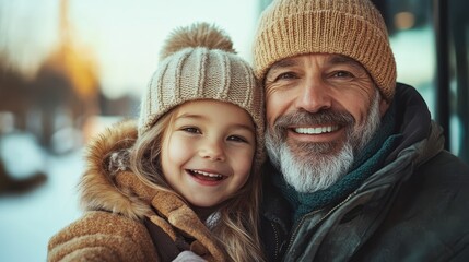 Father and daughter warmly dressed, enjoying winter with cheerful smiles outdoors, embodying the joy and simplicity of family moments in a snowy setting.