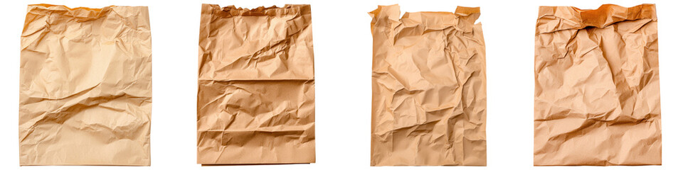A series of four crumpled brown paper bags showcasing varying degrees of wrinkling and texture.