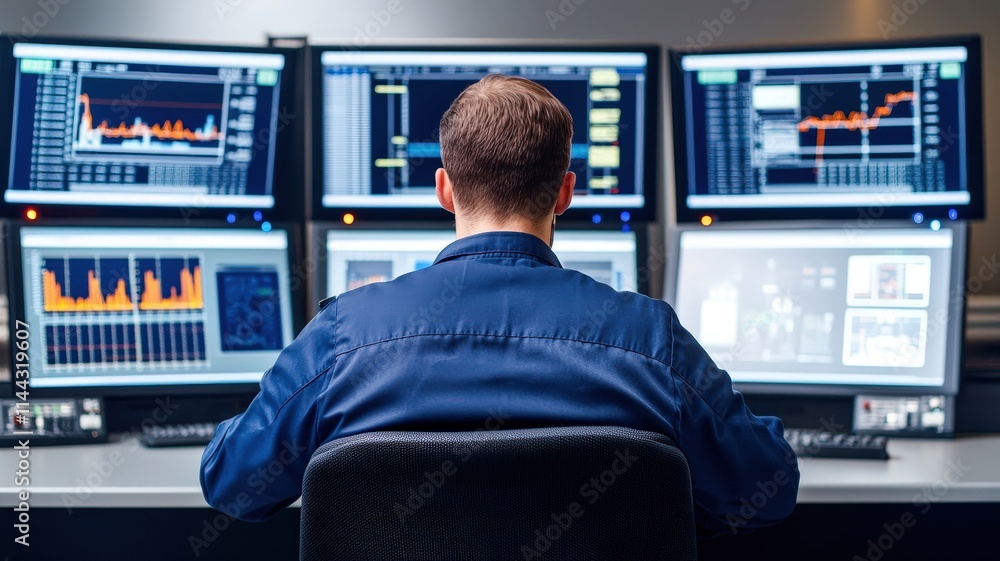 Poster a focused individual analyzes data on multiple screens in a modern tech environment.