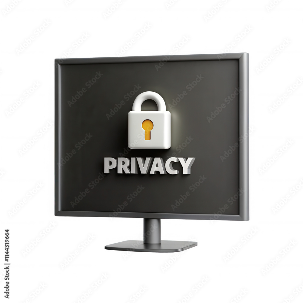 Poster a 3d rendered icon featuring a monitor with a lock symbol and the word 'privacy'. a modern design em