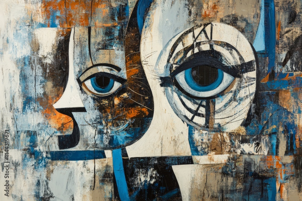 Poster abstract portrait artwork featuring two faces with striking blue eyes and unique geometric patterns 