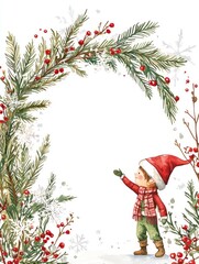 Charming Christmas Scene Featuring a Young Child in a Santa Hat Surrounded by Festive Decorations and Lush Greenery with a Wintery Feel