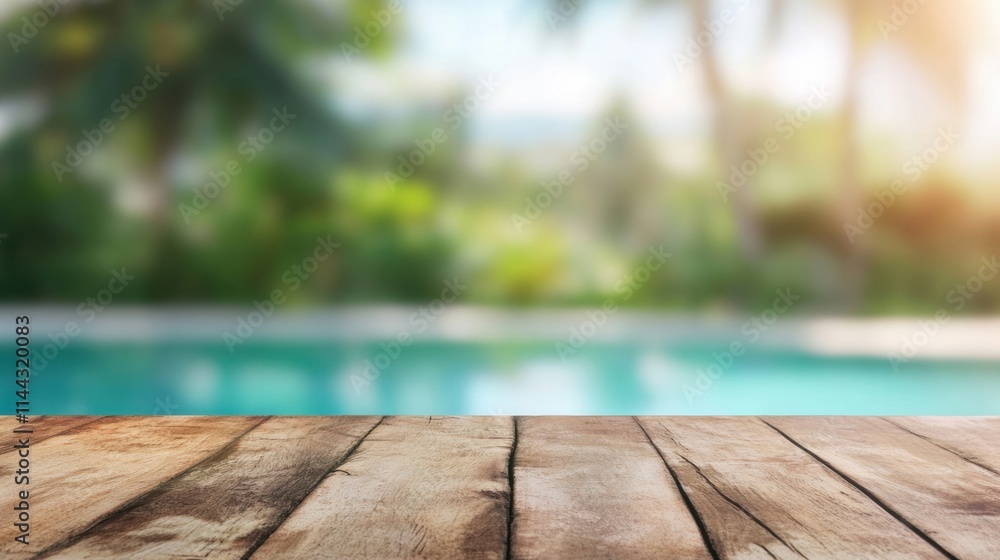 Poster a rustic wooden table is set against a softly blurred backdrop of a pool, surrounded by greenery on 