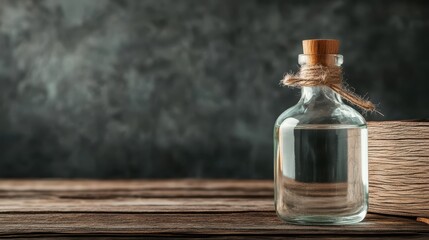 A minimalist bottle with a wooden cork stoppers sits elegantly on a rustic wooden table, set against a textured dark background, exuding simplicity and calm.