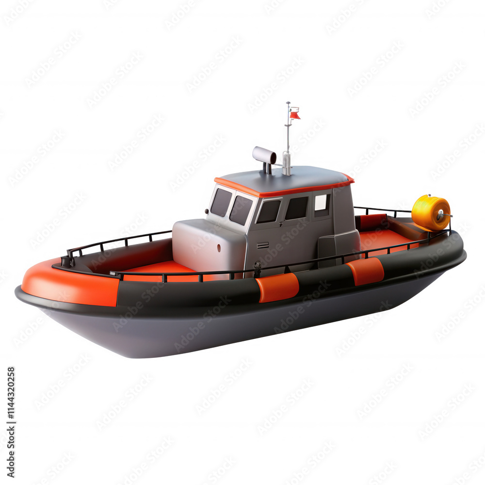 Poster a detailed 3d model of a tug boat featuring a distinctive design with a black and orange color schem