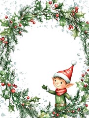 Delightful Christmas Elf Surrounded by Holly and Berries in a Colorful Frame Perfect for Holiday Greetings and Cheerful Seasonal Decor