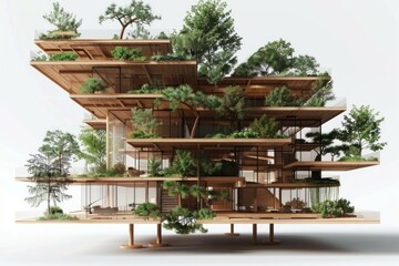 Multi storey building integrating trees and vegetation on each level, blurring the lines between architecture and the natural world
