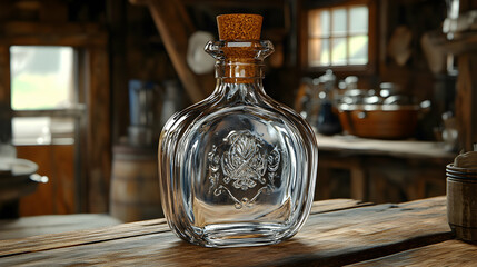 Clear glass decanter with cork stopper on rustic wooden table.