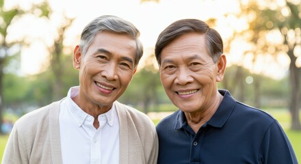 Fototapeta premium Elderly asian males smiling together in park setting during sunset
