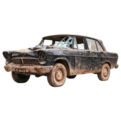 A weathered, vintage car with a black exterior shows signs of decay, featuring broken windows and dirt-covered surfaces.