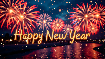Happy New Year: Celebrating the New Year party, there are colorful fireworks in the evening, there are "happy New Year" words. Welcome the joy and excitement of the New Year in style.