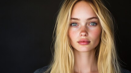 Naklejka premium A young woman with long blonde hair gazes seriously into the distance, her striking features illuminated in soft light against a dark backdrop