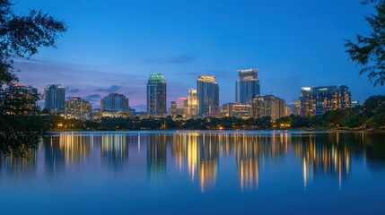 Obraz premium A city skyline at dusk, with the last rays of evening light illuminating tall buildings and reflecting off the water.