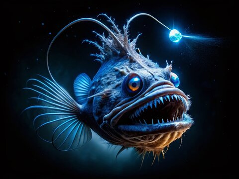 Deep Sea Creature, Anglerfish, Abyssal Zone, Bioluminescent Fish, Underwater, Dark, Mysterious, Fantasy Fish, Surreal, Horror,  Conceptual Photography, Digital Art