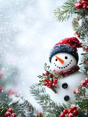 Charming Christmas Snowman Surrounded by Frosted Pines and Berries, Perfect for Holiday Themes and Winter Celebrations with a Touch of Joyful Festivity