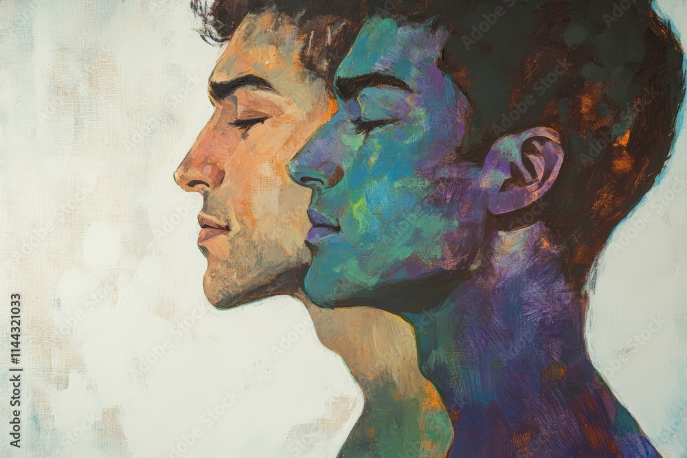 Poster abstract portrait of two men in profile, exploring duality and emotion through vibrant colors and ar